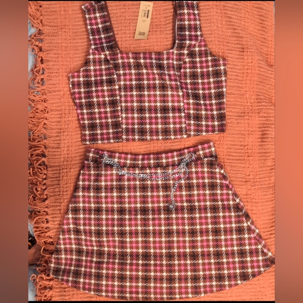 Madden NYC Y2K Plaid Tank With Chain Belt Skirt Set